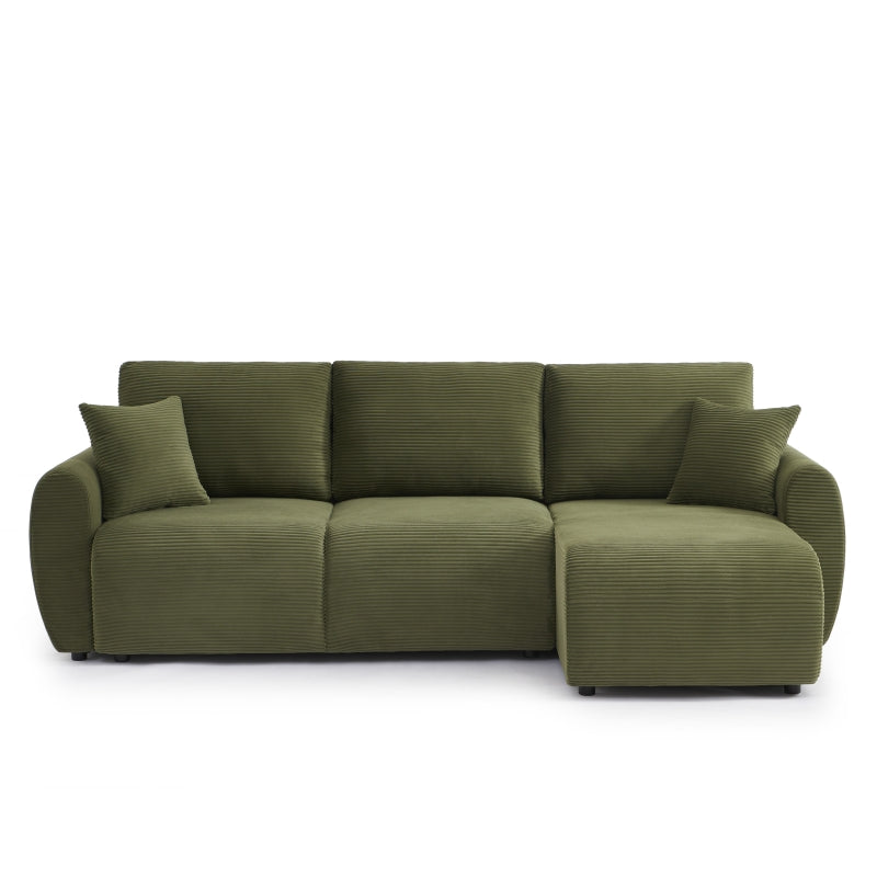 Canapé d'angle convertible 4 places velours côtelé vert, design moderne réversible