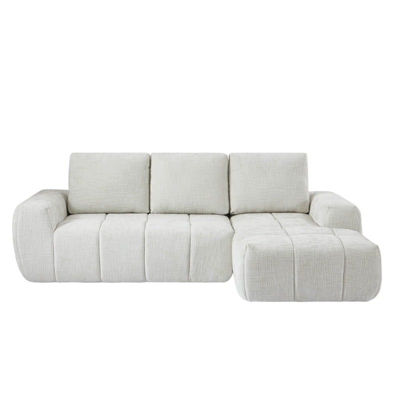 Canapé d'angle droit 4 places tissu beige capitonné, style contemporain géométrique