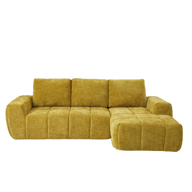 Canapé d'angle droit 4 places tissu jaune moutarde, assise capitonnée style contemporain
