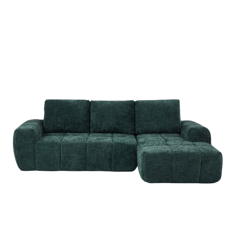 Canapé d'angle droit 4 places tissu vert capitonné, style contemporain géométrique