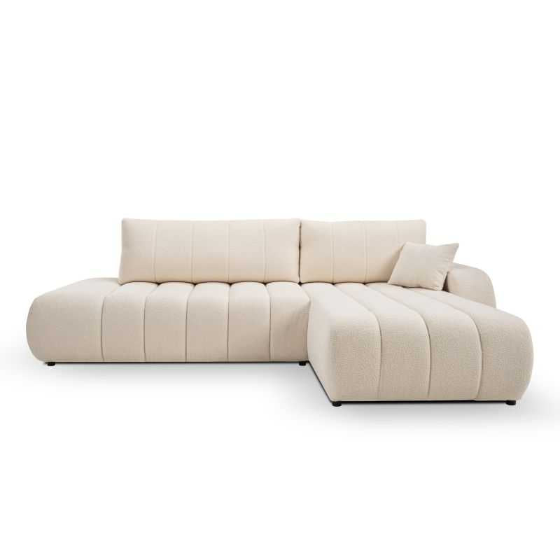 Canapé d'angle convertible 4/5 places tissu bouclette écru, design contemporain salon