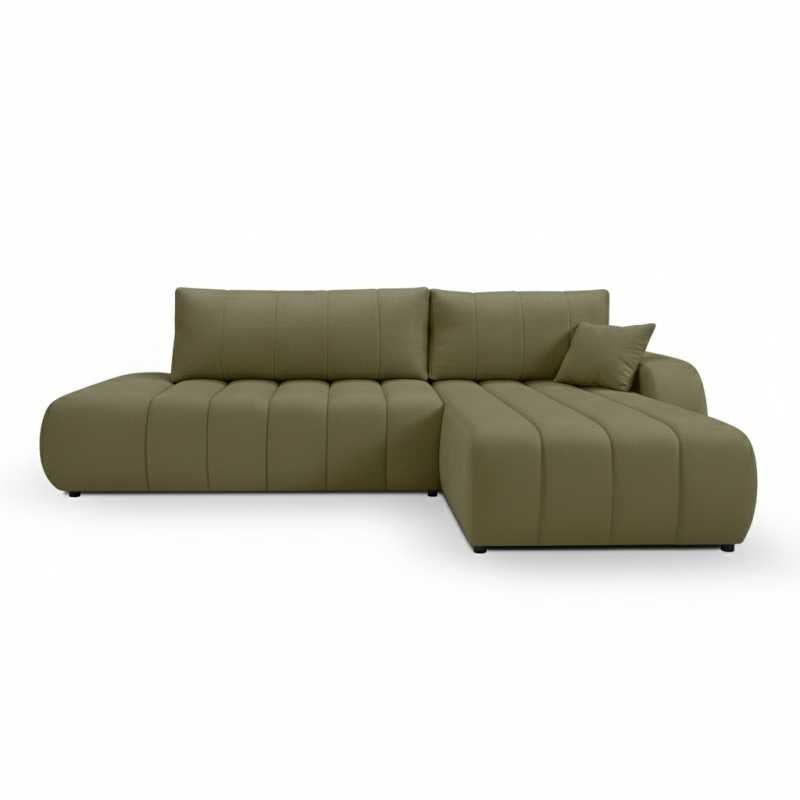 Canapé d'angle convertible 4/5 places en tissu chenille vert, salon contemporain