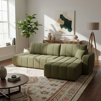 Canapé d'angle droit convertible BELEM 4/5 places tissu chenille vert