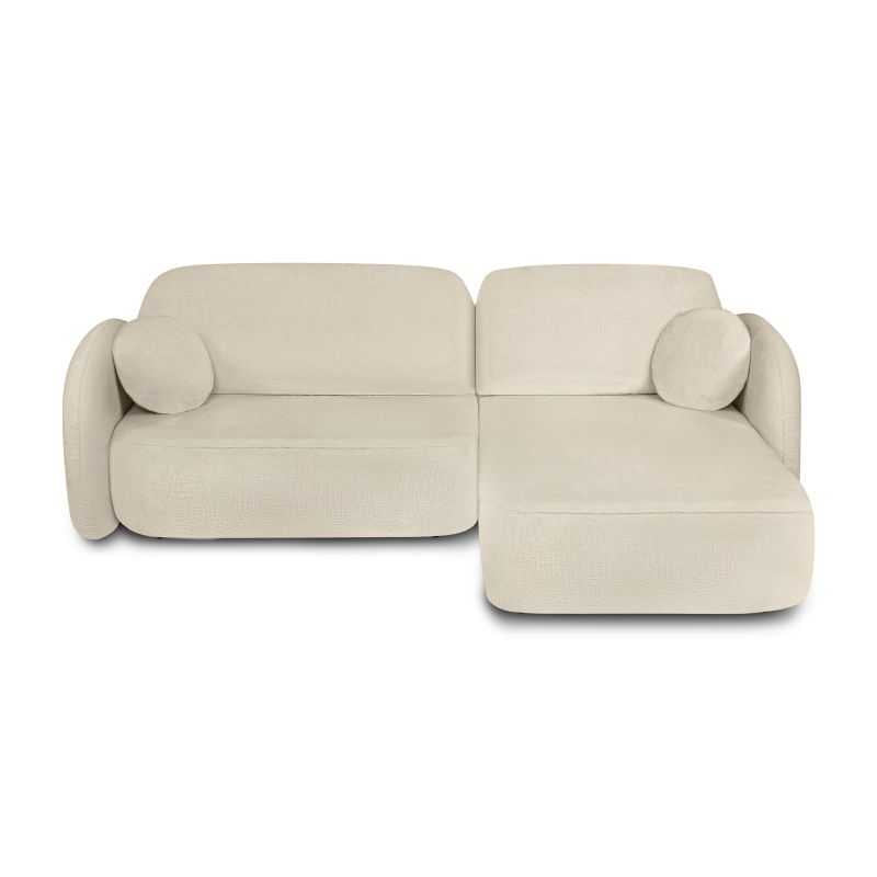 Canapé d'angle convertible 4 places tissu bouclette grège, lignes arrondies salon moderne