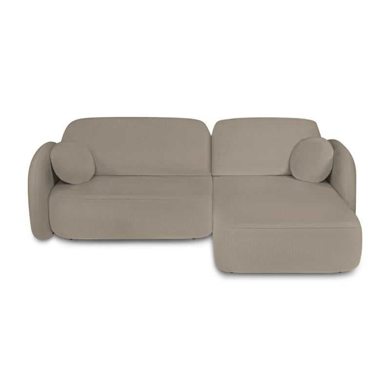 Canapé d'angle convertible 4 places tissu bouclette taupe, lignes arrondies et assise généreuse