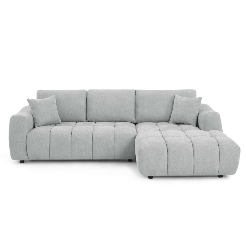 Canapé d'angle droit 4 places tissu chenille gris, assises profondes pour salon contemporain