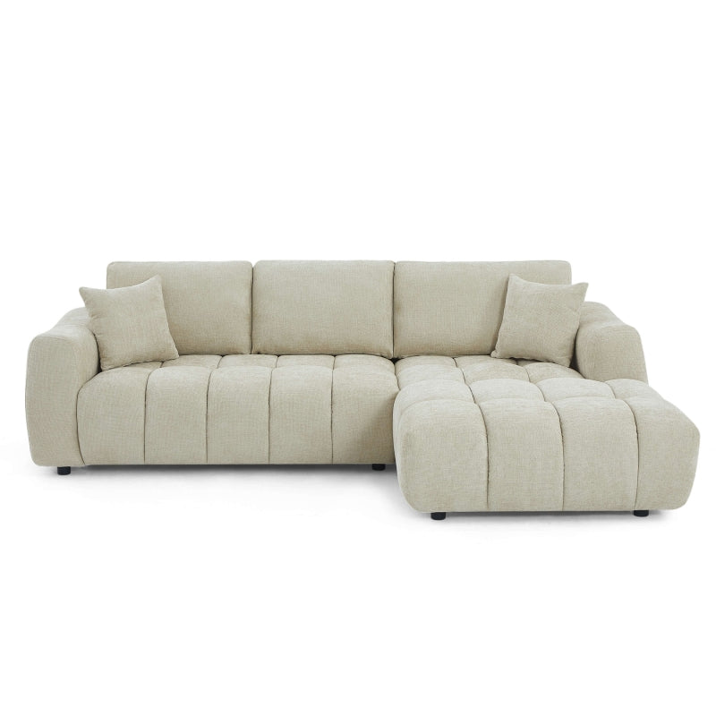 Canapé d'angle droit 4 places tissu chenille taupe, style contemporain douillet