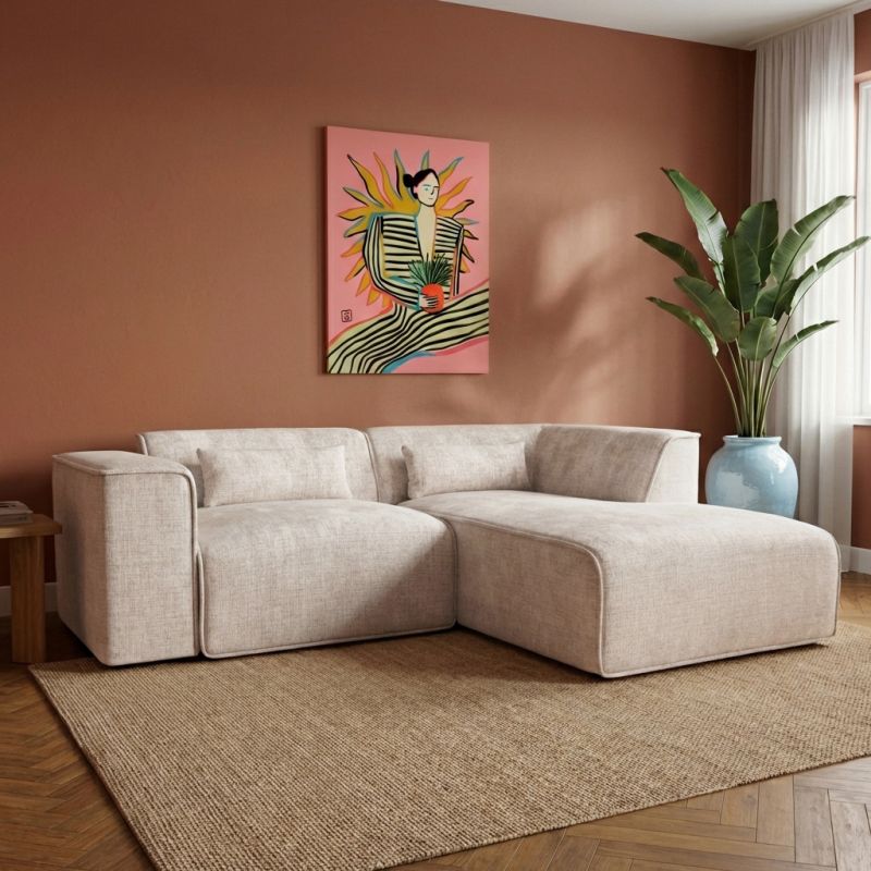 Canapé d'angle droit fixe NUNA 4 places tissu beige