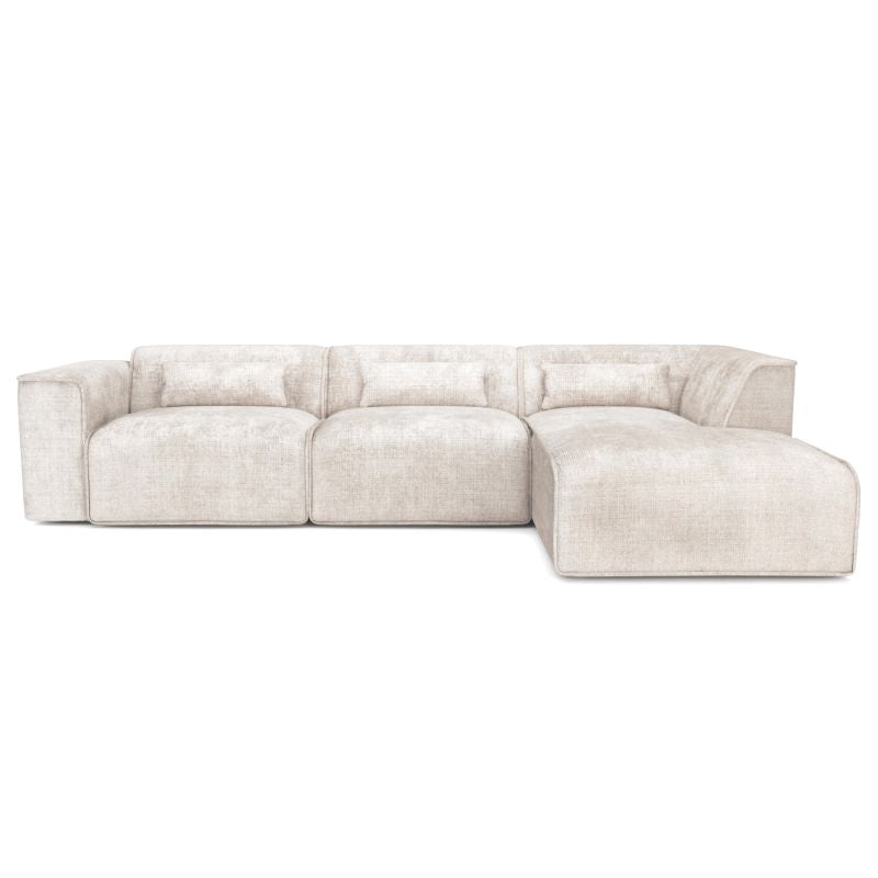 Canapé d'angle droit fixe 5/6 places tissu beige, design confortable pour salon moderne