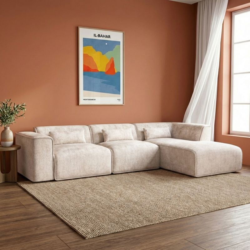 Canapé d'angle droit fixe NUNA 5/6 places tissu beige