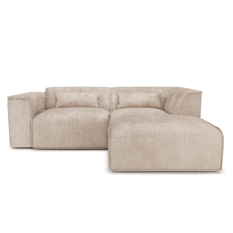 Canapé d'angle droit 4 places NUNA en tissu taupe, compact et confortable pour salon moderne