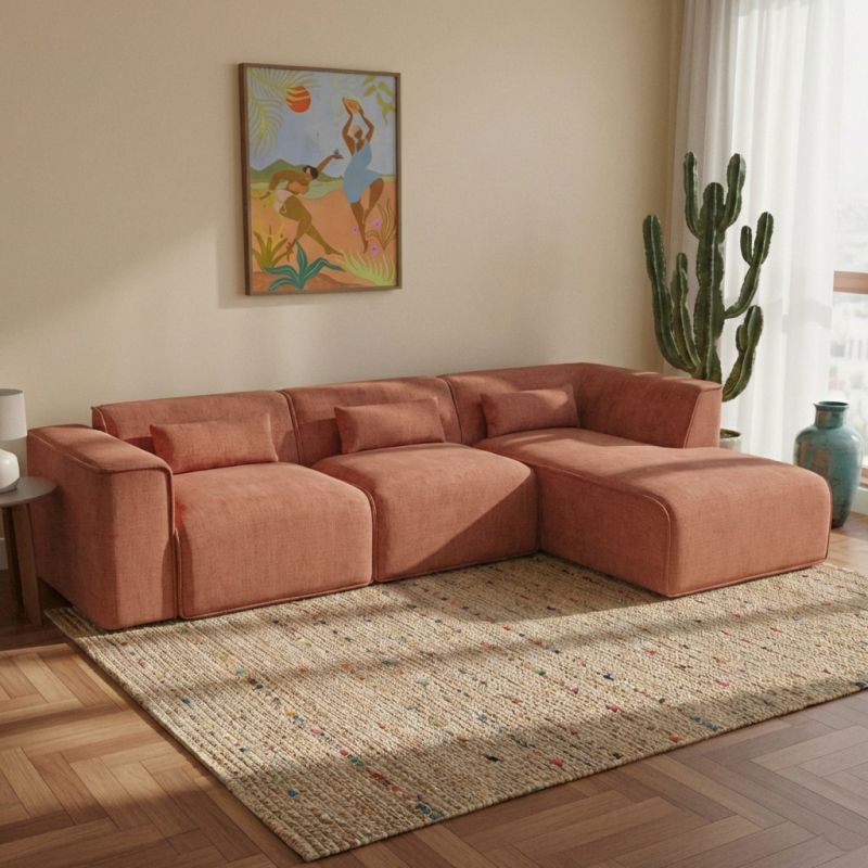 Canapé d'angle droit fixe NUNA 5/6 places tissu terracotta