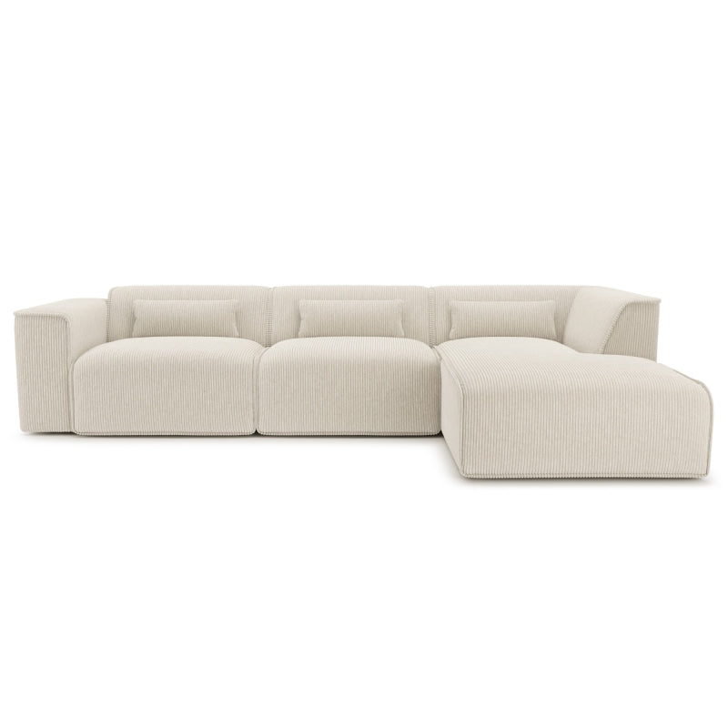 Canapé d'angle droit fixe 5/6 places velours côtelé beige, confortable et convivial