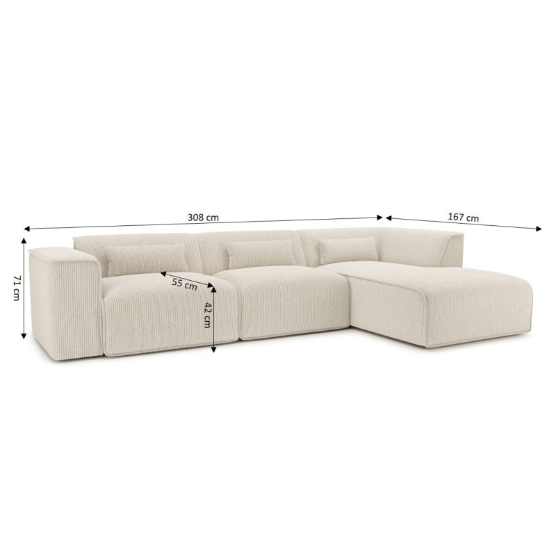 Canapé d'angle droit fixe NUNA 5/6 places velours côtelé beige
