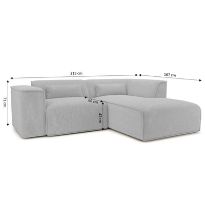 Canapé d'angle droit fixe NUNA 4 places velours côtelé gris