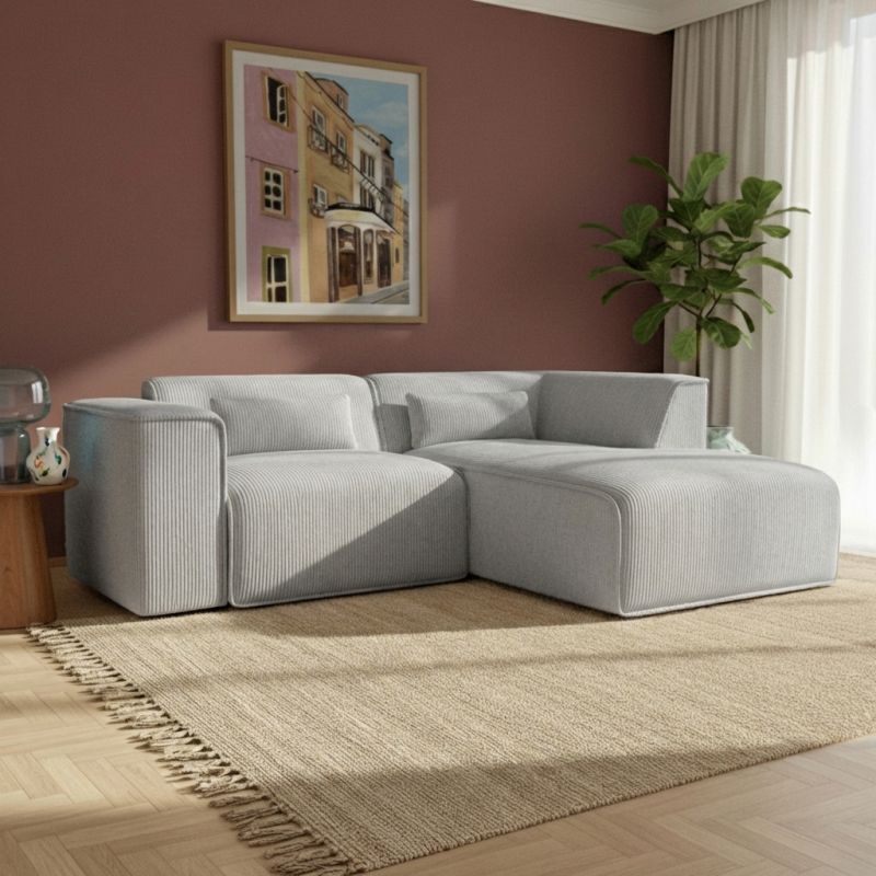 Canapé d'angle droit fixe NUNA 4 places velours côtelé gris