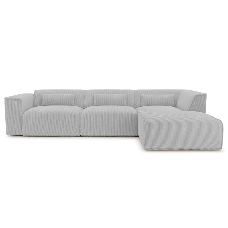 Canapé d'angle droit 5/6 places velours côtelé gris, assise large et confortable pour salon