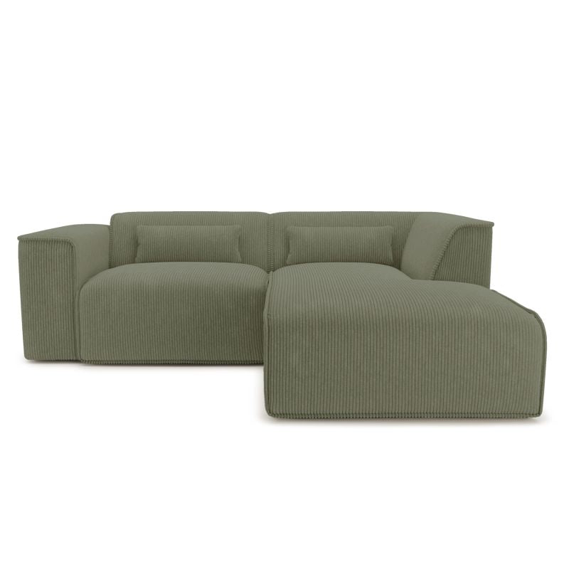 Canapé d'angle droit 4 places NUNA en velours côtelé vert, design compact pour salon moderne
