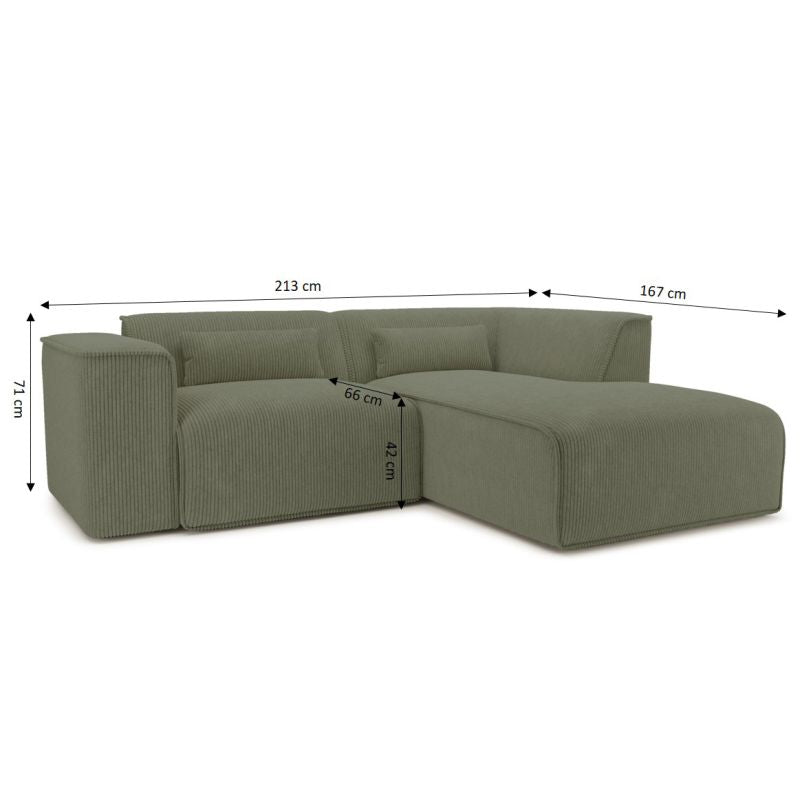 Canapé d'angle droit fixe NUNA 4 places velours côtelé vert