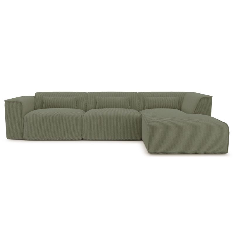 Canapé d'angle droit 5/6 places NUNA velours côtelé vert, design confortable pour salon