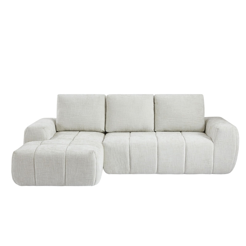 Canapé d'angle gauche 4 places tissu beige capitonné, style contemporain géométrique