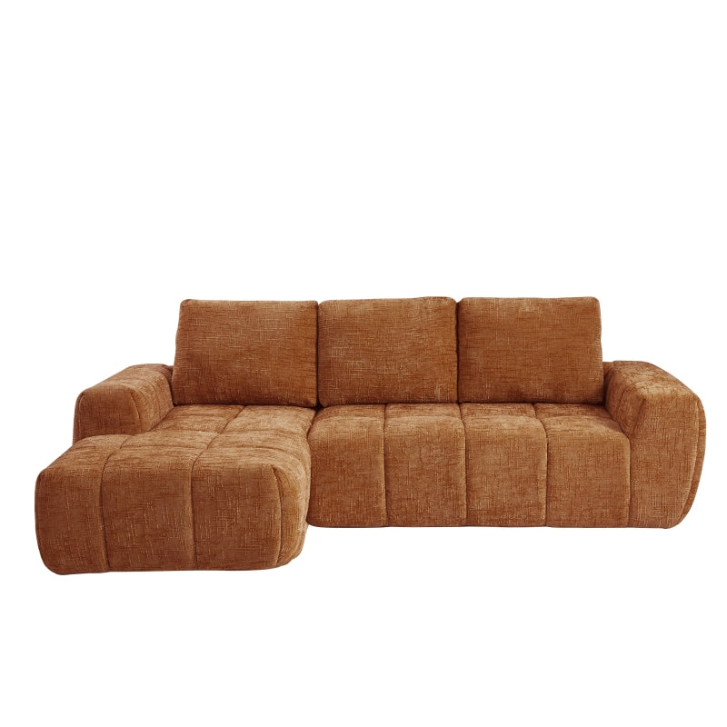 Canapé d'angle gauche 4 places tissu terracotta, assise capitonnée style contemporain