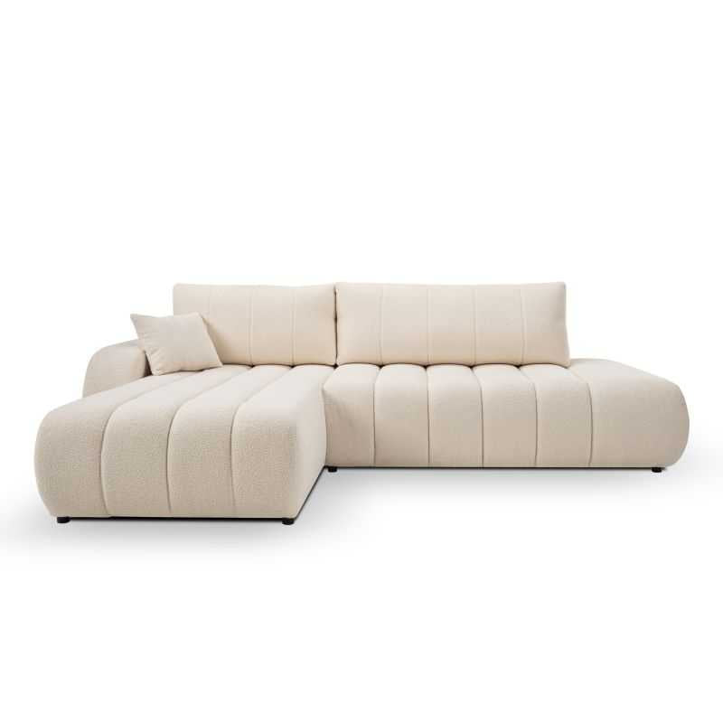 Canapé d'angle convertible 4/5 places tissu bouclette écru, confort familial salon moderne
