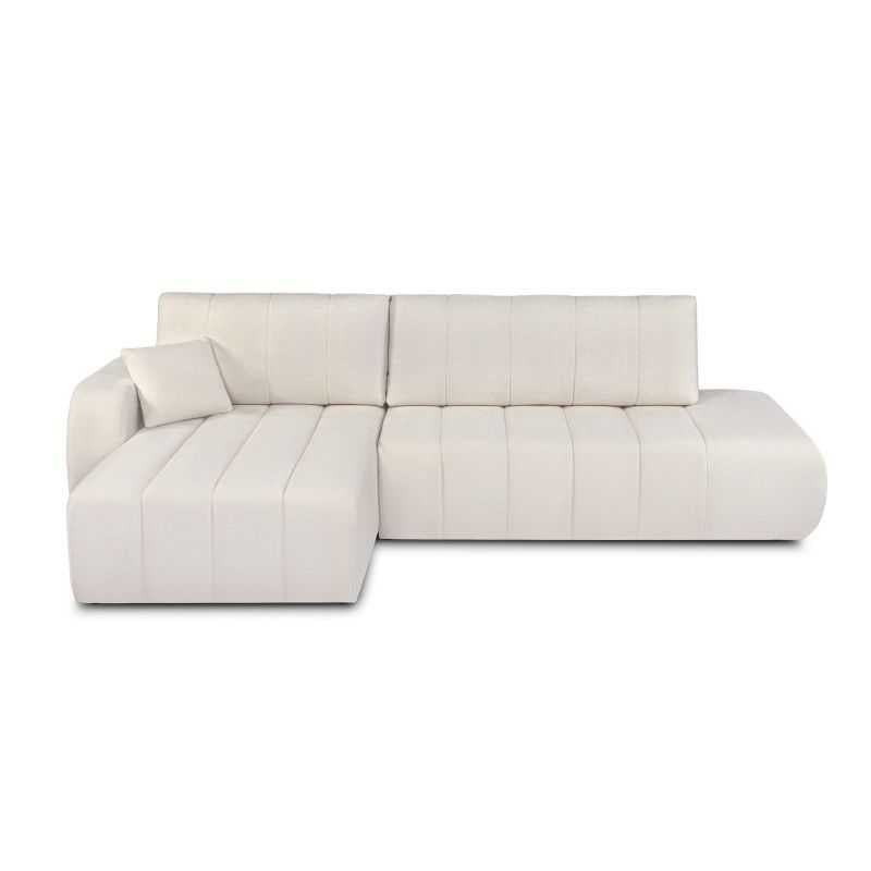 Canapé d'angle convertible 4/5 places tissu chenille écru, style contemporain salon familial