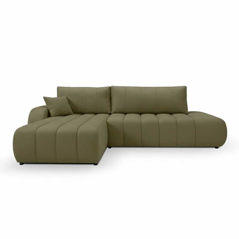 Canapé d'angle gauche convertible 4/5 places tissu chenille vert kaki, salon moderne