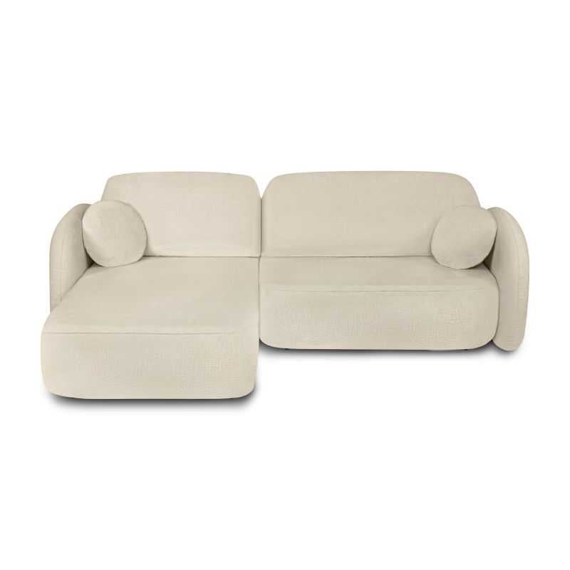 Canapé d'angle gauche convertible 4 places tissu bouclette grège, lignes arrondies