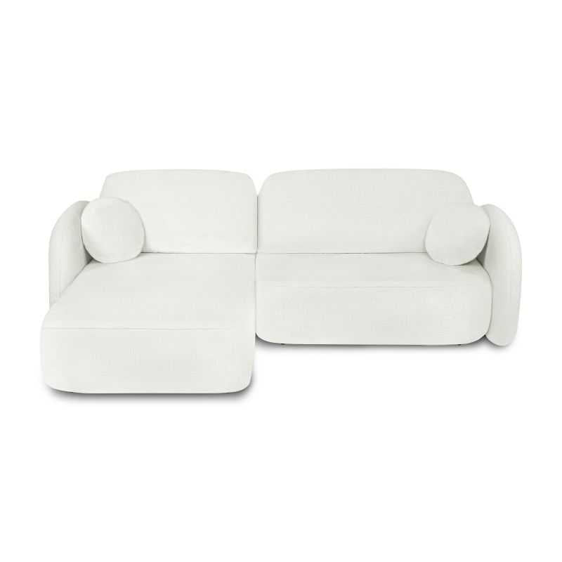 Canapé d'angle gauche convertible 4 places tissu chenille écru, lignes arrondies