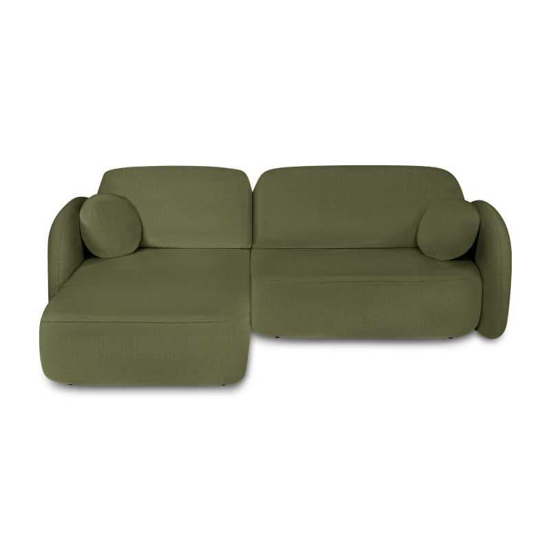 Canapé d'angle gauche convertible 4 places tissu chenille vert kaki, lignes arrondies