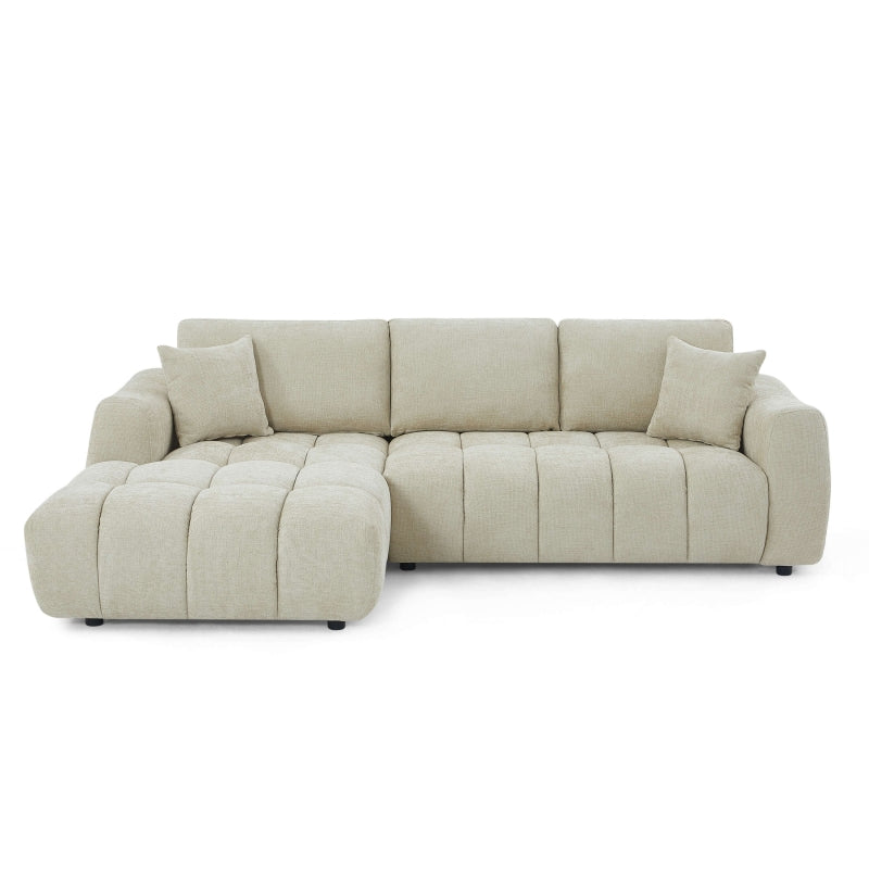 Canapé d'angle gauche 4 places tissu chenille taupe, confortable et élégant pour salon moderne