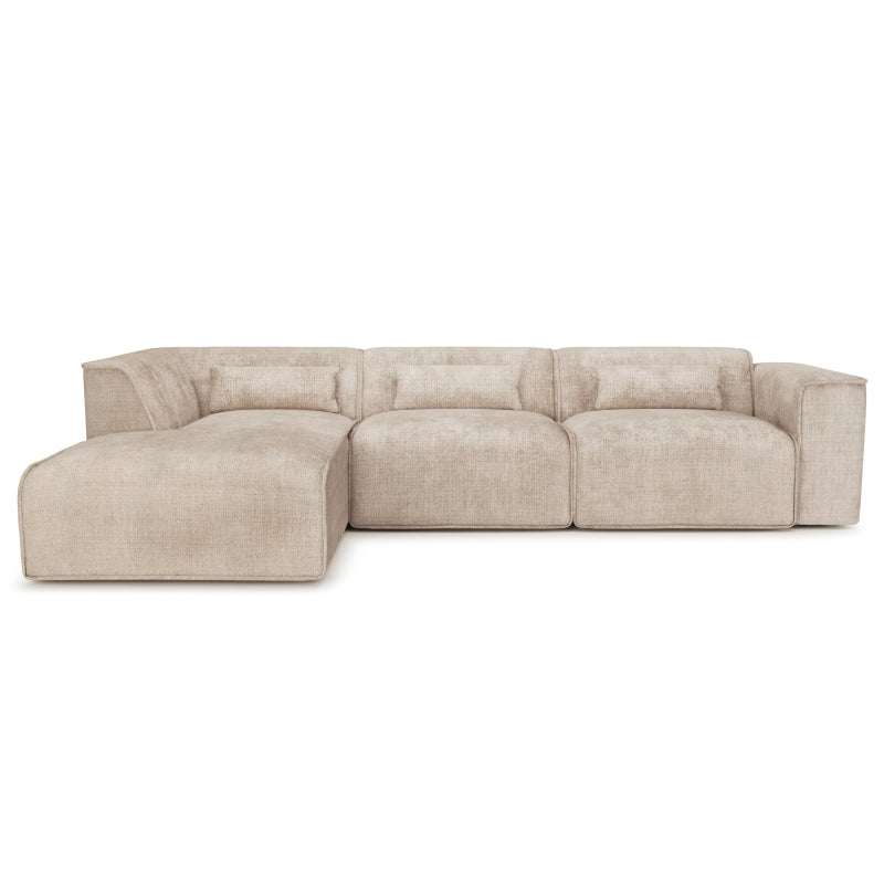 Canapé d'angle gauche fixe 5/6 places tissu taupe, design confortable pour salon moderne