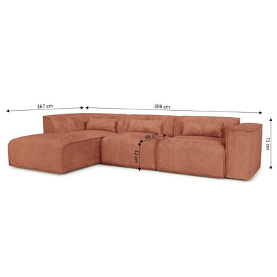 Canapé d'angle gauche fixe NUNA 5/6 places tissu terracotta