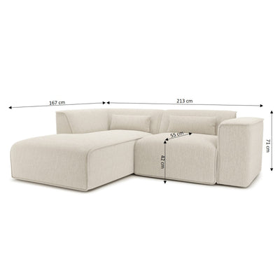 Canapé d'angle gauche fixe NUNA 4 places velours côtelé beige