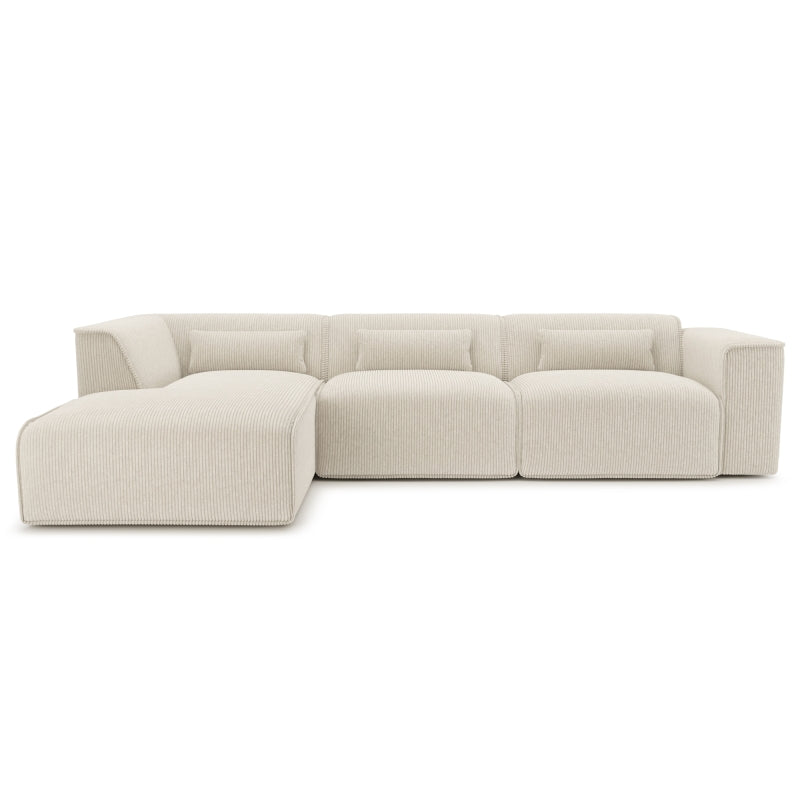 Canapé d'angle gauche 5/6 places velours côtelé beige, assise fixe confortable pour salon