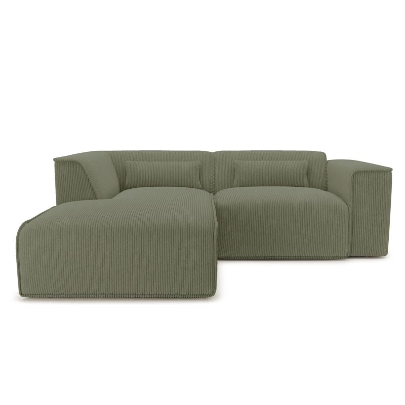 Canapé d'angle gauche 4 places NUNA en velours côtelé vert, design compact pour salon