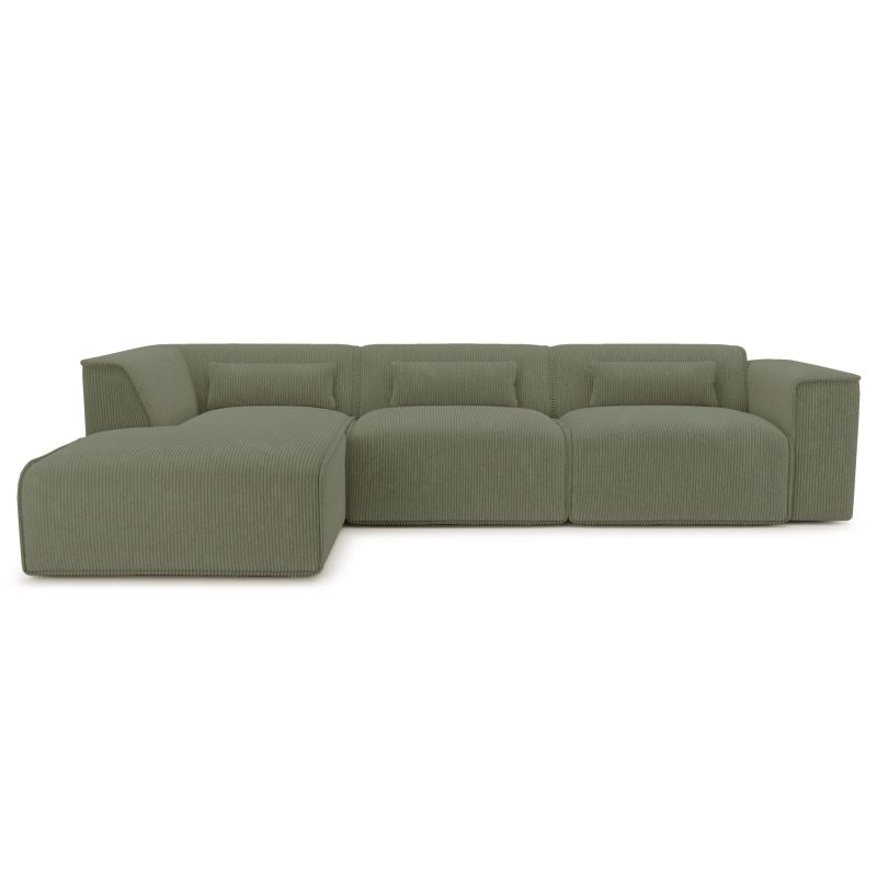 Canapé d'angle gauche fixe 5/6 places en velours côtelé vert, design contemporain