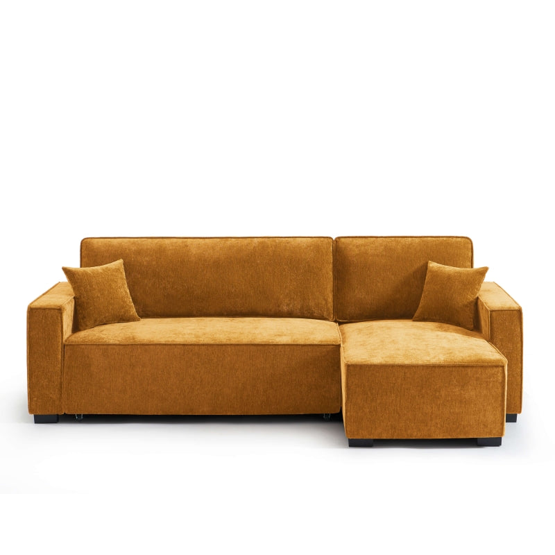 Canapé d'angle convertible 4 places tissu jaune, méridienne réversible, design contemporain