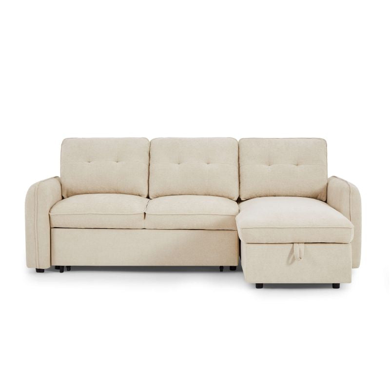 Canapé d'angle convertible 4 places tissu chenille beige, réversible et confortable