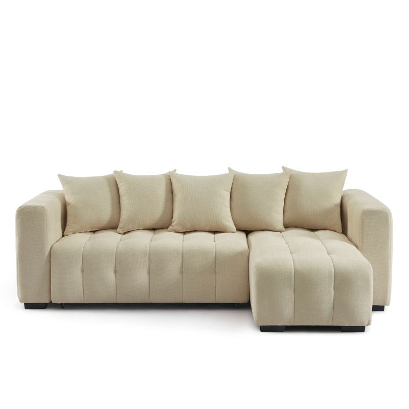 Canapé d'angle convertible 4 places tissu taupe réversible, idéal pour salon familial
