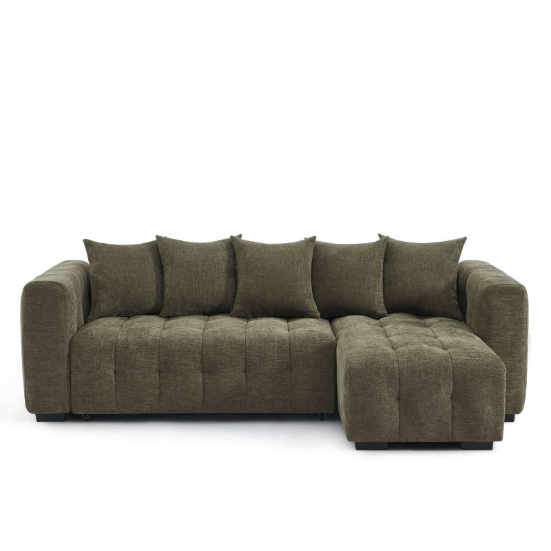 Canapé d'angle convertible 4 places tissu vert LEVIA, réversible pour salon moderne