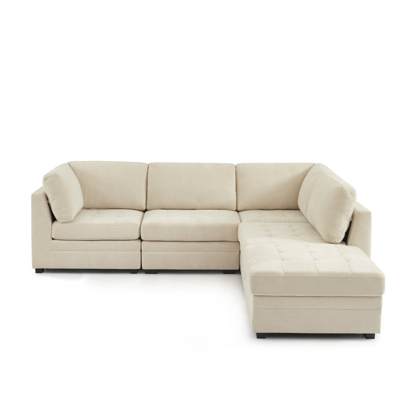 Canapé d'angle modulable 5 pièces tissu chenille beige, style épuré et généreux