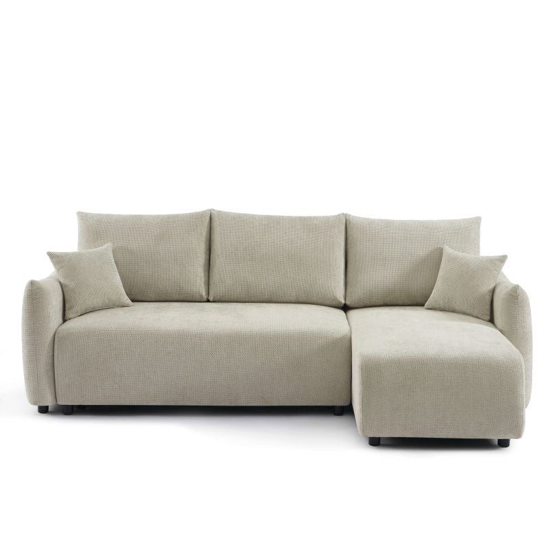 Canapé d'angle convertible 4 places tissu chenille beige, angle réversible salon