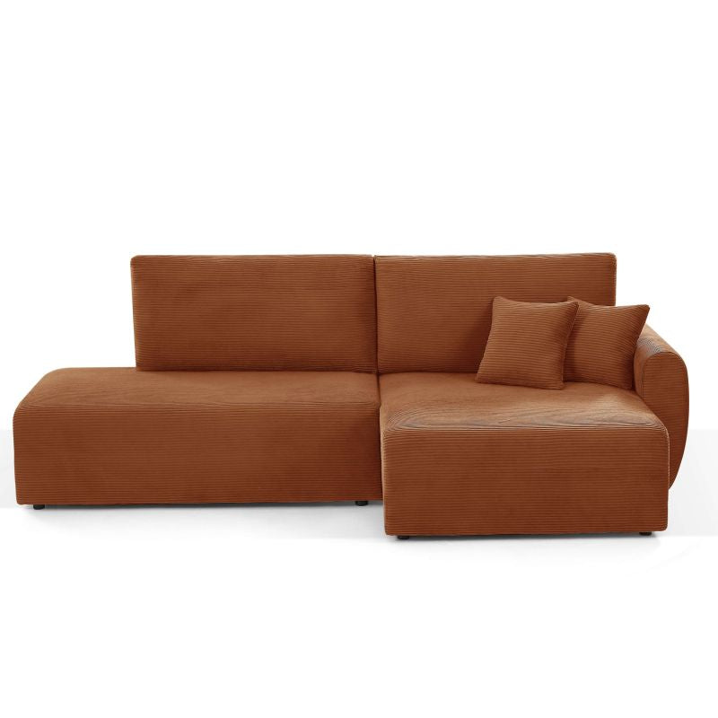 Canapé d'angle convertible 4 places velours côtelé terracotta, design contemporain