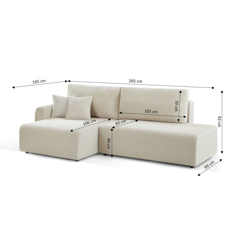 Canapé d'angle gauche ouvert convertible DANILO 4 places velours côtelé beige