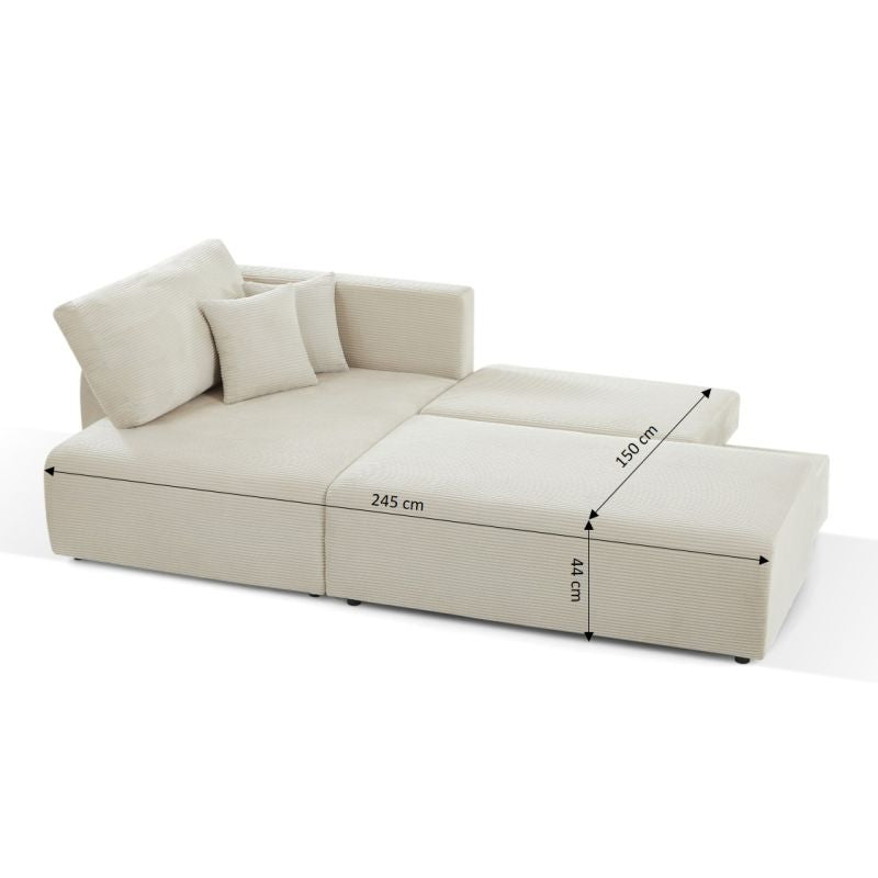 Canapé d'angle gauche ouvert convertible DANILO 4 places velours côtelé beige