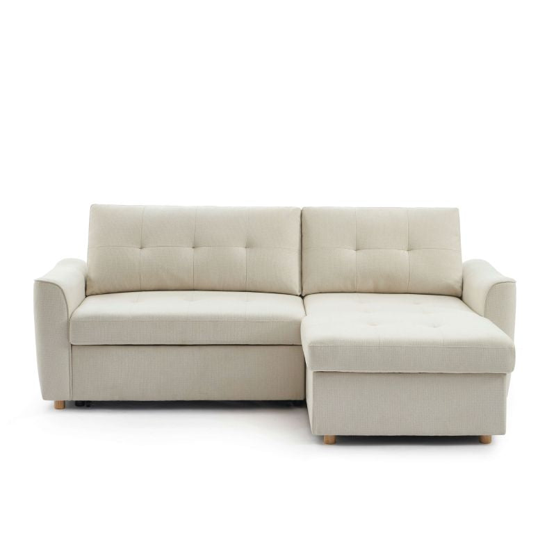 Canapé d'angle convertible 4 places tissu texturé beige, design moderne et fonctionnel
