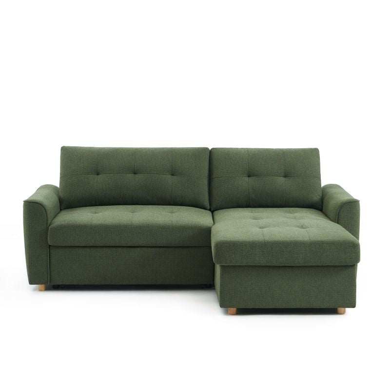 Canapé d'angle convertible 4 places tissu texturé vert, réversible, salon moderne